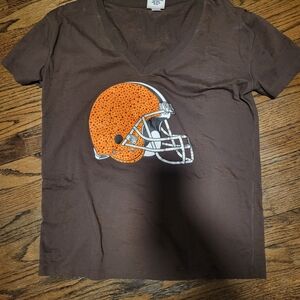 PINK Victoria's Secret Brown V-Neck Tee with Orange Helmet Graphic